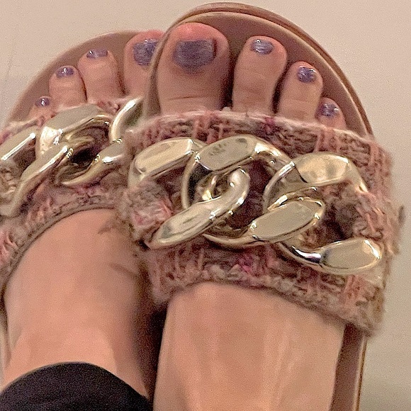 Steve Madden Delay Oversized chain link slides sandals-pink tweed women size 10 - Picture 4 of 13